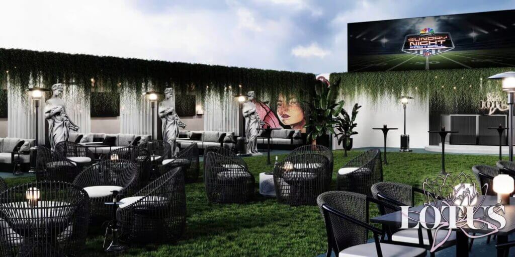 Lotus Rooftop lounge seating and skyline view